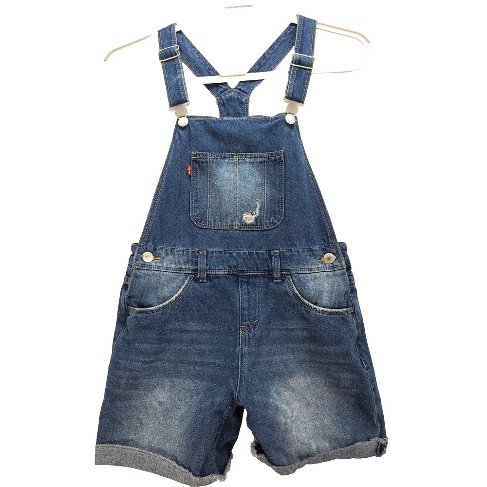 Levis Youths Overall Shorts Shortall Distressed Blue Denim Sz 12 Reg Farm Girl